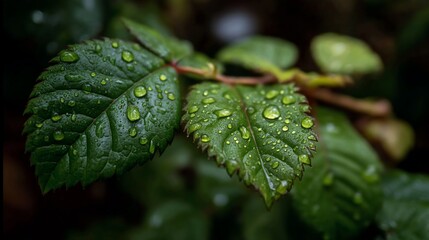 Closeup of Green Leaves with Water Droplets.