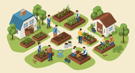 Fototapeta premium Community garden activities: isometric urban farming in raised beds