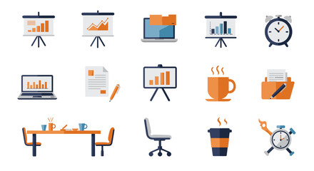 Modern flat style office icons including graphs, clock, laptop, and coffee cup