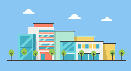 Fototapeta premium Modern flat design urban skyline with colorful buildings and trees