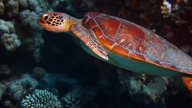 Swimming sea turtle with mottled shell pattern, gliding in the ocean