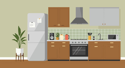 Fototapeta premium Modern kitchen interior with appliances and plants in flat design