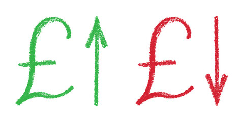 Hand drawn british pound currency symbol Growth and fall profit with arrow up and down Brush stroke doodle Element for design