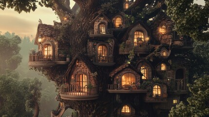Obraz premium A whimsical treehouse village with cozy, illuminated windows nestled among lush greenery, creating a magical and enchanting atmosphere.
