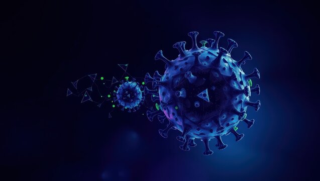 A digital rendering of two coronavirus cells with geometric shapes on a dark blue background - Powered by Adobe