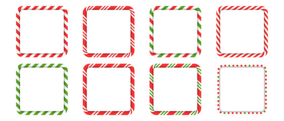 Christmas candy cane stripe border set. Red and green square frames for holiday cards, banners, and winter design.