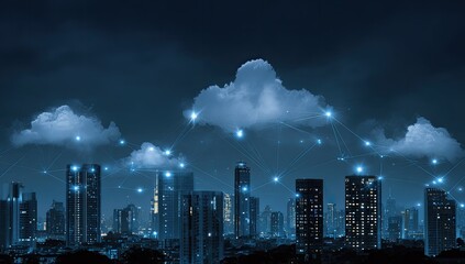 City skyline at night with interconnected clouds
