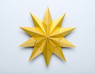Golden, twelve-pointed star, geometric, paper craft, on light gray background