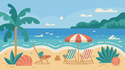 Tropical summer beach with umbrella and palm trees vector illustration