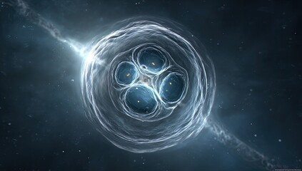 Cosmic entity.  Abstract representation of a celestial body, or possibly a phenomenon,  with a central,  light-blue/white,  spherical structure.  Four smaller blue dots, or objects,  are within.