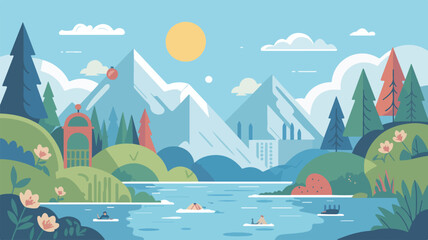 Summer landscape with lake mountains and boat illustration