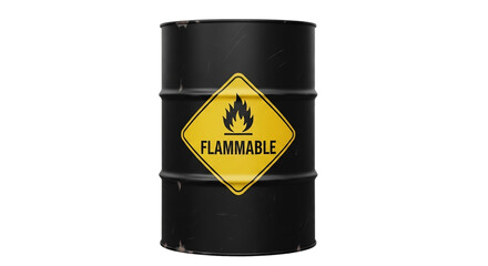 Black barrel with flammable hazard warning sign isolated on transparent background, indicating caution for dangerous chemical liquid