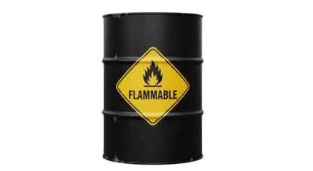 Black barrel with flammable hazard warning sign isolated on transparent background, indicating caution for dangerous chemical liquid
