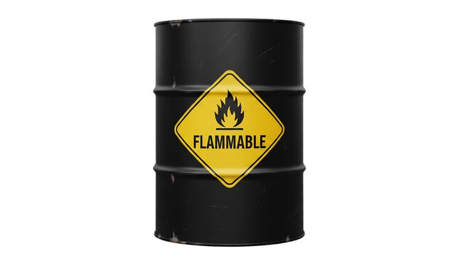 Black barrel with flammable hazard warning sign isolated on transparent background, indicating caution for dangerous chemical liquid