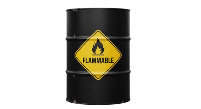 Black barrel with flammable hazard warning sign isolated on transparent background, indicating caution for dangerous chemical liquid