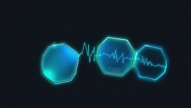 Three glowing octagons connected by a waveform against a dark background in a futuristic style - Powered by Adobe