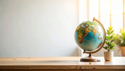 Globe and Plant on a Wooden Table with Sunlight A Study in Travel, Nature, and Serenity