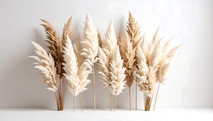Neutral-toned pampas grass plumes arranged against a minimalist white backdrop