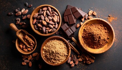 Cacao beans, chocolate, and cocoa powder