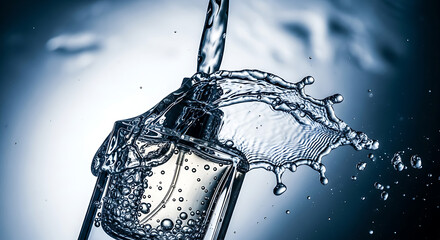 Captivating Close-up of a Perfume Bottle Under a Stream of Water, Emphasizing Refreshment and Fragrance, Evoking Sensorial Imagery