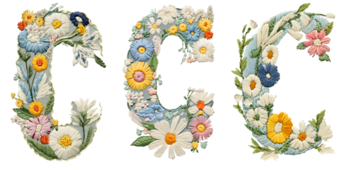 Floral Embroidered Letter C with Flowers and Greenery. Elegant Decorative Monogram for Crafts, Scrapbooking, and Textile Projects