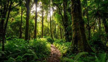 Lush forest path bathed in sunlight