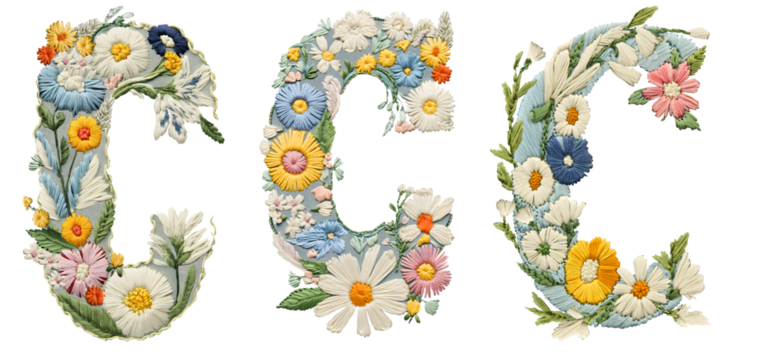 Floral Embroidered Letter C with Flowers and Greenery. Elegant Decorative Monogram for Crafts, Scrapbooking, and Textile Projects