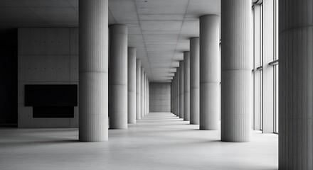Fototapeta premium Minimalist Architecture featuring Concrete Columns and Vast Empty Space in a Modern Building Interior Monochrome