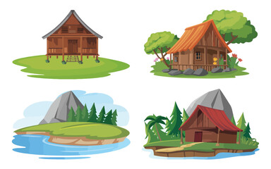 House in forest with trees and cottages illustration