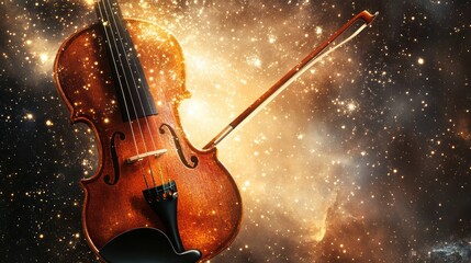 Fototapeta premium A violin emerges from a cosmic backdrop, blending music and the universe, symbolizing harmony and the beauty of art against a celestial canvas.