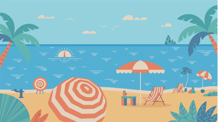 Summer beach scene with sun, sand, ocean, and umbrellas