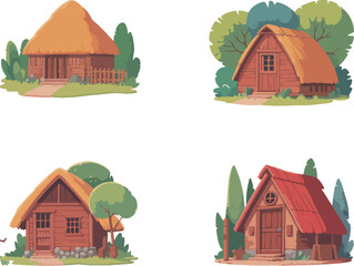 Cartoon vector set of houses farm animals and house icons