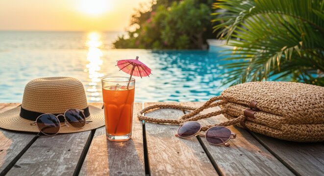 Sunset poolside drinks and accessories