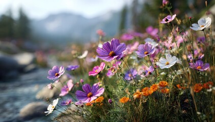 Lush wildflowers by a stream in a mountain meadow