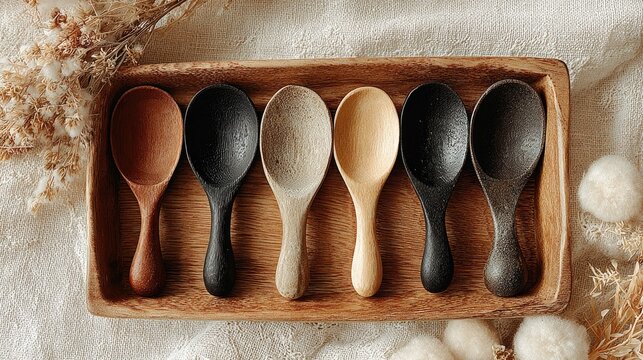 Six small wooden spoons in various colors rest in a rectangular wooden tray - Powered by Adobe