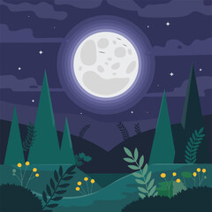 Moonlit night landscape with snowy trees under moonlight and stars in winter forest