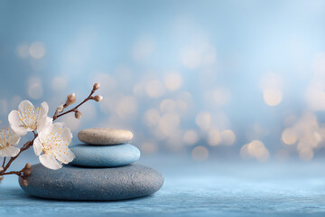 Piedras zen apiladas con flor de cerezo y fondo azul bokeh, concepto de equilibrio y serenidad.