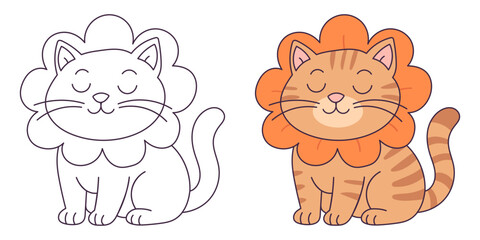 Cute cartoon cat illustration with large eyes and playful pose for kids coloring and learning.