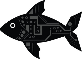 Black silhouette of a fish with a circuit board pattern isolated on white background silhouette
