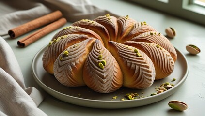 Editorial still life of Mexican sweet bread concha on ceramic plate, accented with cinnamon sticks, pistachios, and soft natural light, set on linen fabric with warm earthy beige, sage color palette
