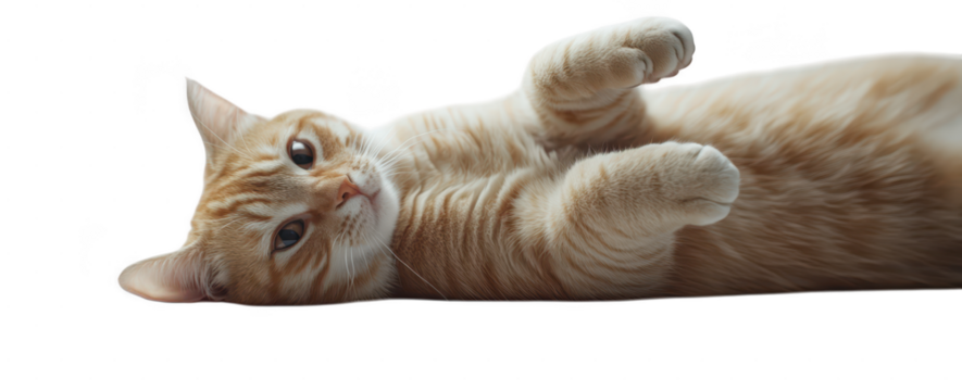 Cute ginger tabby cat lying on its back, isolated on transparent background