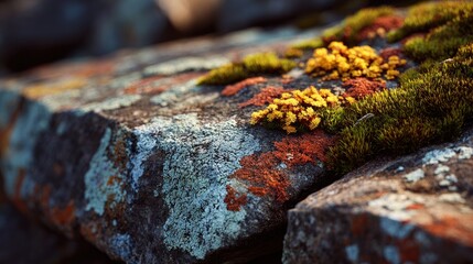Fototapeta premium Close-up of colorful moss and lichen on rugged stone surface