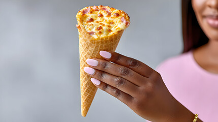 Savory pizza cone delight held by woman with perfectly manicured pink nails, a unique gourmet snack experience.