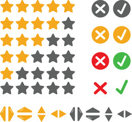 Game UI icon pack for web and android apps. Star Review Icons , cross and tick icon, UI button icons pack.