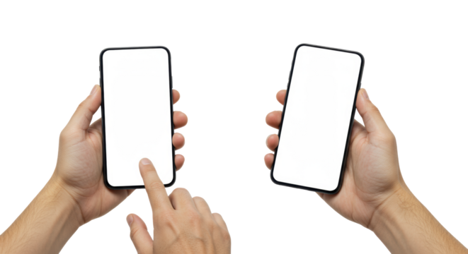 Two adult hands interacting with sleek dark smartphones with blank white screens on a transparent studio background, high-key product shot, concept of modern digital integration