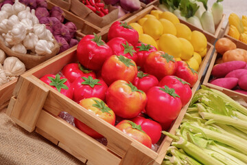 Fresh Fruits and vegetables at a farmer market,raw fruits,nutrition,organic,healthy eating or shopping in a grocery store.
