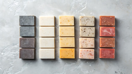 A top down view of five rows of colorful natural handmade soaps lined up