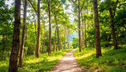 Fototapeta premium Lush forest path, sunlight filters through trees