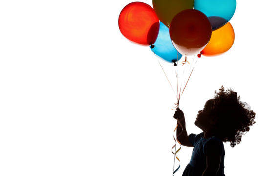 Silhouette of a Child Holding Colorful Balloons Against the Open Sky Isolated on Transparent Background