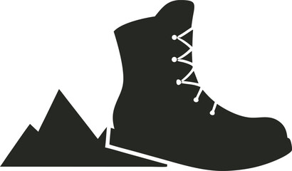 Hiking boot and mountain peak silhouette isolated on white background